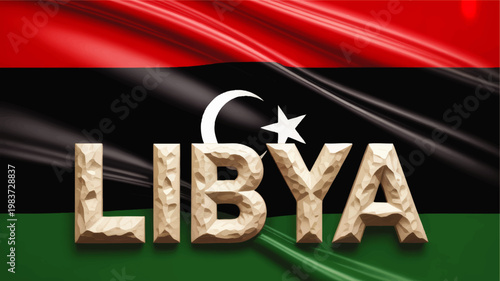 Libya Flag with Crescent and Star Behind Stone Text, National Identity Concept in Red Black Green Glossy Illustration