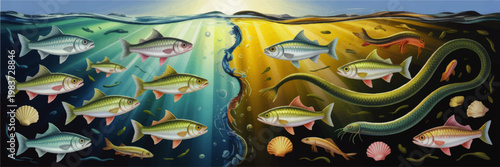 Freshwater Fish Species Underwater Illustration with River Ecology, Eel, Sunlight Rays, Shells, and Aquatic Biodiversity Scene