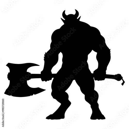 Silhouette of a Muscular Minotaur Warrior Holding a Large Axe.