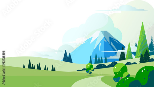 Mount Fuji landscape illustration with green fields, blue sky and clouds, flat design background with copy space.