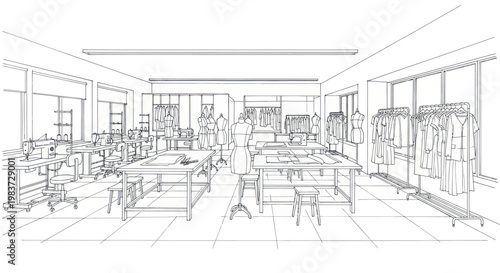 Fashion Design Studio Interior with Sewing Machines and Mannequins.