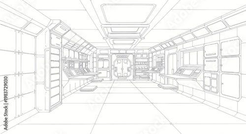 Futuristic spaceship corridor interior design sketch.