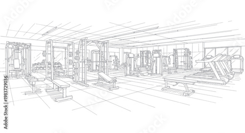 Gym interior with exercise machines and equipment sketch.