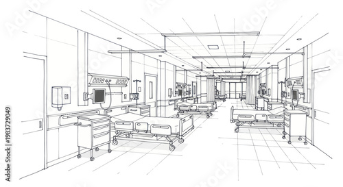 Hospital Intensive Care Unit Sketch with Medical Equipment and Beds.
