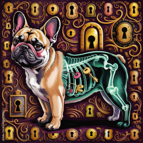 Surreal French Bulldog Anatomy Illustration with Xray Skeleton, Golden Keyholes and Ornate Vintage Fantasy Background