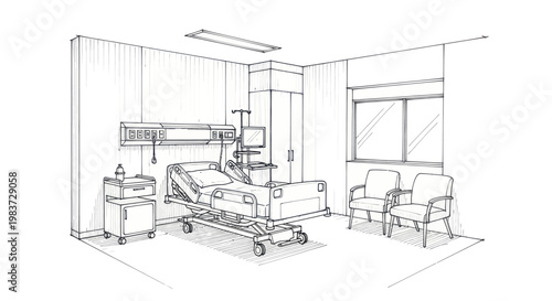 Hospital Room Interior Sketch with Medical Bed and Equipment.