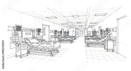 Hospital Ward Interior Sketch with Medical Beds and Equipment.