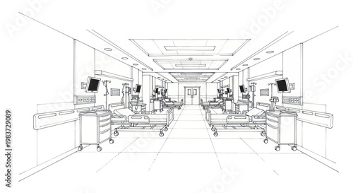 Hospital Ward Interior Sketch with Medical Equipment and Beds.