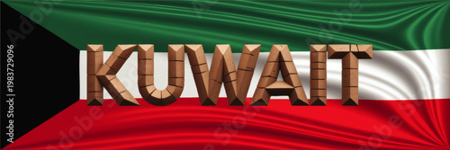 Kuwait Text in Carved Stone Letters on Flowing National Flag Background, Patriotic Middle East Travel and Culture Illustration