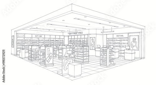 Interior Design Sketch of a Modern Retail Store Layout.
