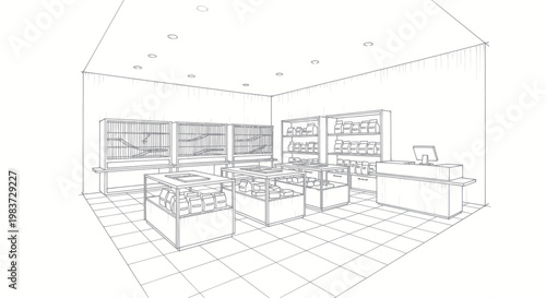 Interior design sketch of a retail store with display cases and checkout counter.