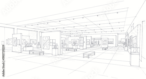 Interior Sketch of a Modern Art Gallery Exhibition Space.