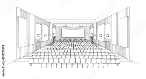 Interior sketch of a modern cinema hall with rows of seats facing a large screen.