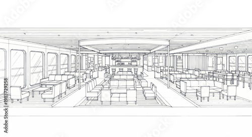 Interior design sketch of a spacious lounge area with seating and tables.