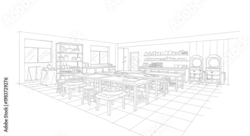 Interior sketch of a modern dining room with a large table and chairs.