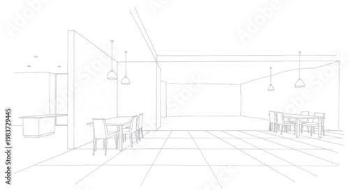 Minimalist Line Drawing of an Interior Space with Furniture.