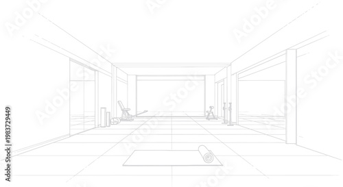 Minimalist outline drawing of a modern interior space with furniture.