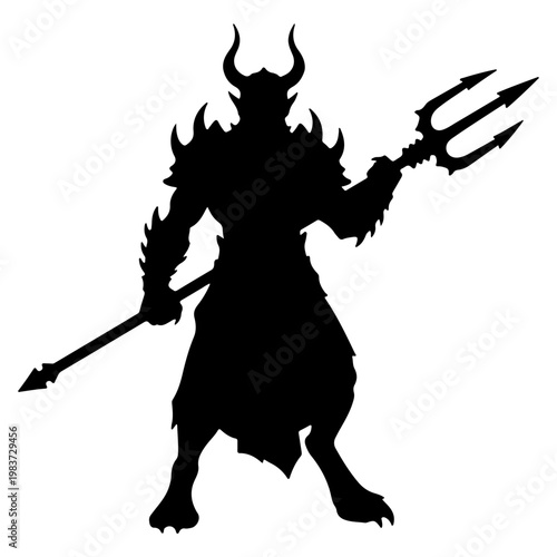 Silhouette of a demon with horns and trident.