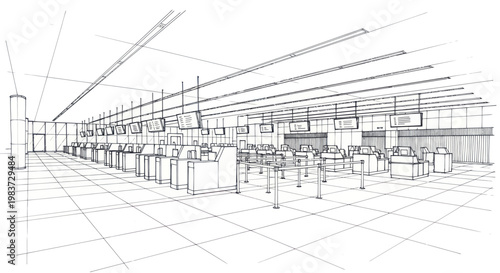 Modern Airport Check-in Counter Sketch with Futuristic Design Elements.
