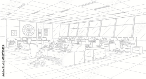 Modern Air Traffic Control Room with Multiple Monitors and Workstations.