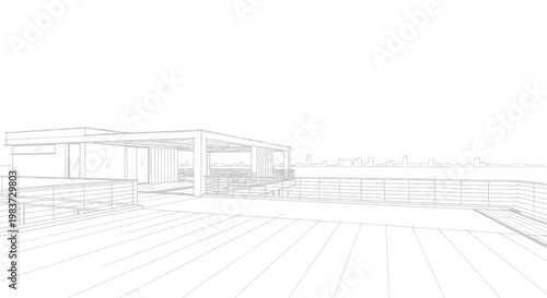 Modern architectural design of a building with a spacious outdoor area.