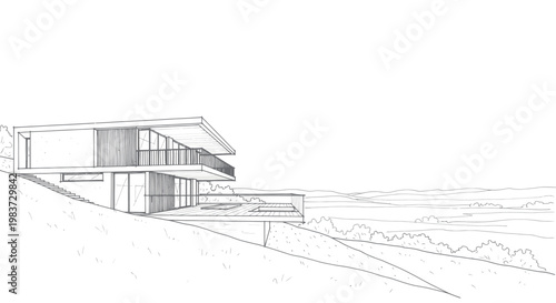 Modern Architectural Drawing of a Hillside House with Panoramic Views.