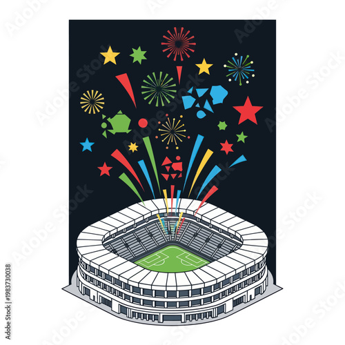 Stadium with fireworks and stars.