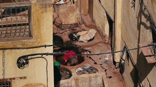 Man Working To Produce Leather In The Fes Tannery 
