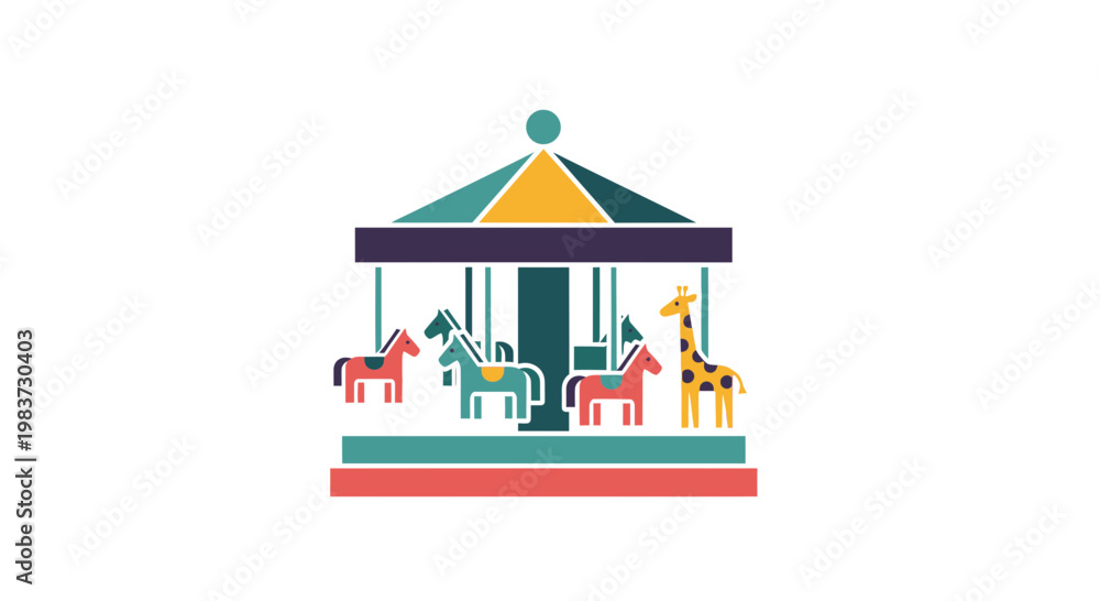 Obraz premium Carousel Ride with Animals Vector Illustration featuring a Colorful Fairground Merry-Go-Round for Children Entertainment and Amusement Park Design