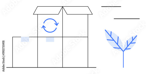 Recycling, sustainability, eco-friendly packaging, environmental care, logistics, green innovation. ion of boxes with recycling symbol and a leaf. Recycling and eco-friendly packaging concept