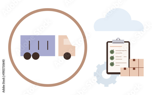 Supply chain management, freight shipping, warehouse logistics, inventory control, delivery tracking, business operations. Truck and checklist with boxes and cloud. Supply chain management