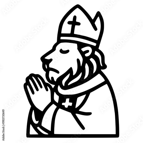 Lion Bishop in Prayer Vector Line Art Illustration