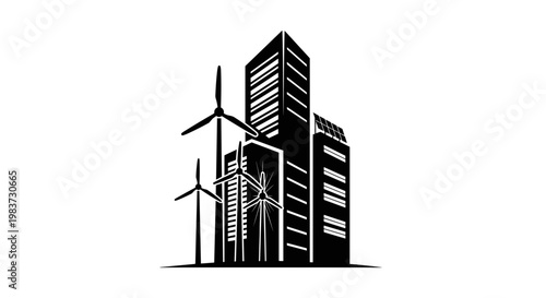Wind Turbines and City Buildings.