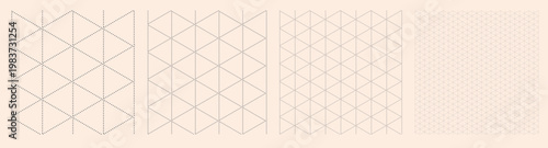 Square grid collection dotted isometric geometry, four samples blueprint style. Triangle lattice structure, interface layouts editorial compositions planning sheets dashboards digital technology.