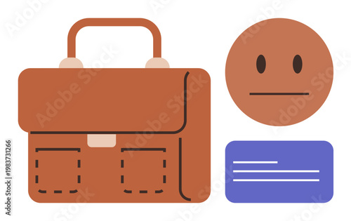 Business, identity, professionalism, corporate life, office work, employment branding. Image features a brown briefcase, minimalistic face and blank ID card. Business and identity concept