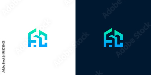 Modern geometric house logo design featuring a dynamic blue and green gradient, symbolizing innovation, property, and strong brand identity for various businesses