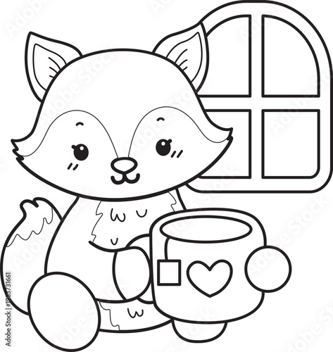 Coloring pages of Cute set of Fox sticker with activity. Outline of Fox with variation of activity