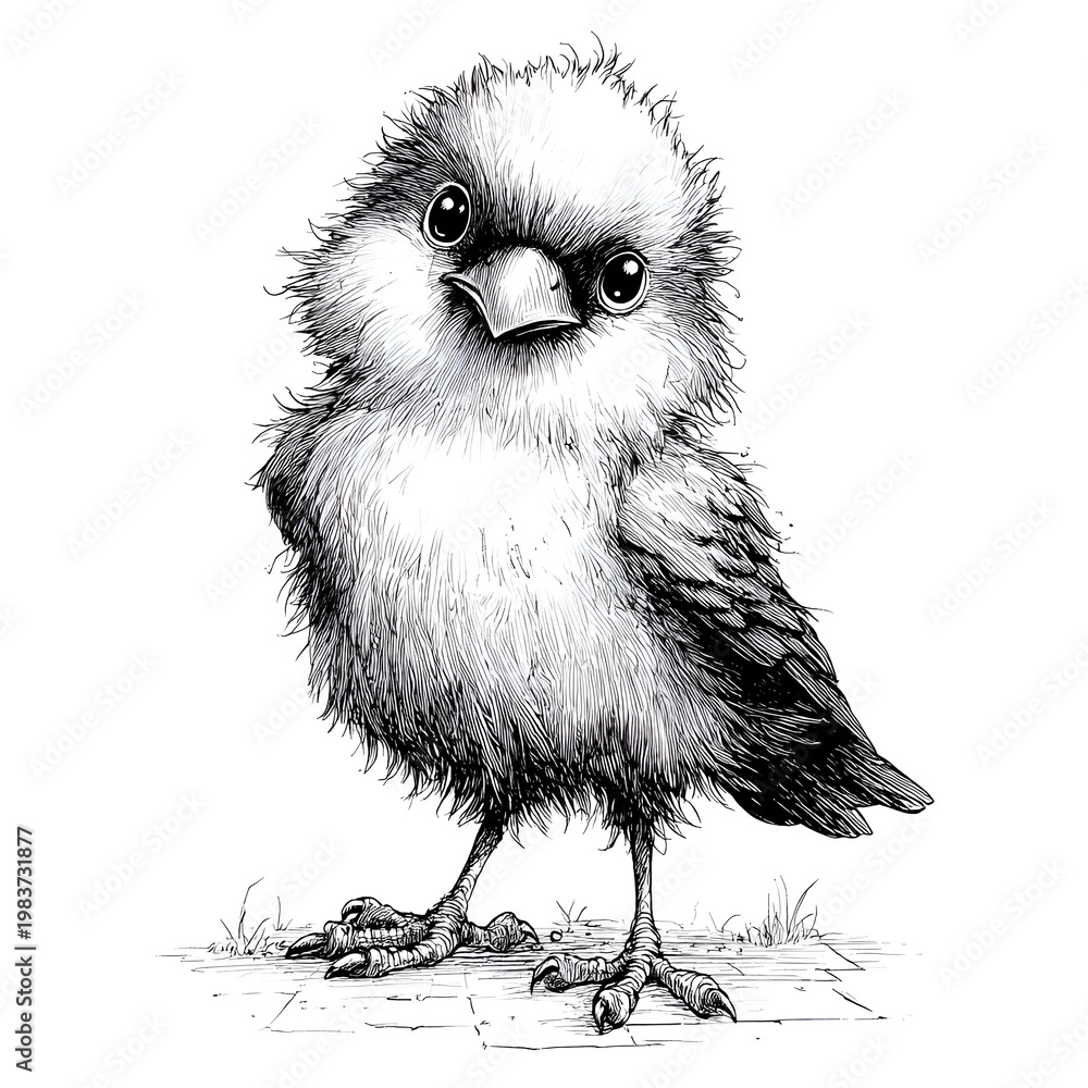 Fototapeta premium A cute little chick with fluffy feathers stands on a stone surface looking directly at the viewer with a curious and slightly mischievous expression.