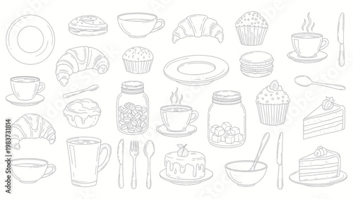 Hand-drawn collection of breakfast and dessert items with various pastries and beverages.