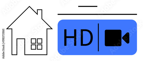 Home entertainment, streaming services, video quality, HD technology, online media, remote connectivity. Simple house outline and HD video icon. Home entertainment and streaming services idea