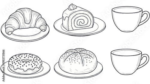 Hand-drawn sketch of various breakfast pastries and coffee cups.