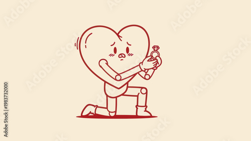 Heart character proposing with a ring, expressing love and commitment.