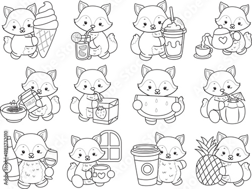 Coloring pages of Cute set of Fox sticker with activity. Outline of Fox with variation of activity