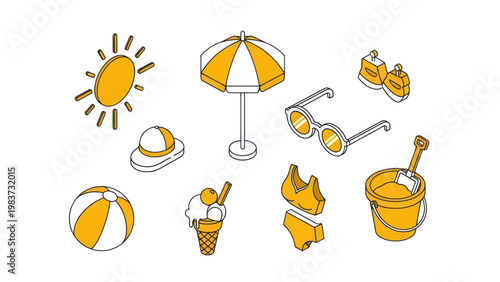 Isometric Summer Beach Vacation Essentials Collection with Sun and Accessories.
