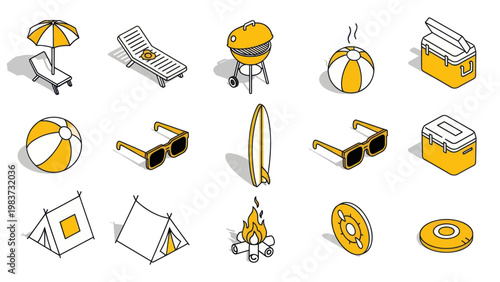 Isometric Summer Vacation and Outdoor Recreation Objects Collection.