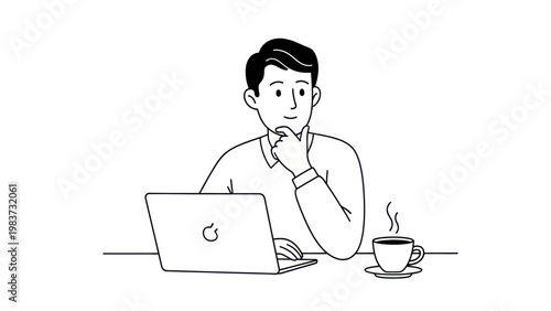 Man working on laptop with coffee thinking deeply about his project.