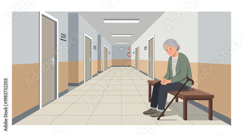 An elderly person experiences medical discomfort while sitting on a bench in a hospital corridor.