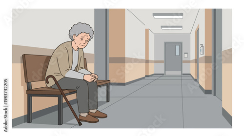An elderly woman experiences medical discomfort while sitting alone on a chair in a hospital corridor.