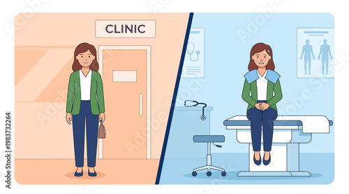 Woman experiences medical discomfort while sitting on a clinic examination table indoors