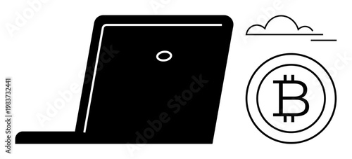 Cryptocurrency, blockchain, digital finance, cloud computing, fintech innovation, online trade. Minimalistic laptop with Bitcoin symbol and cloud. Cryptocurrency and blockchain concepts